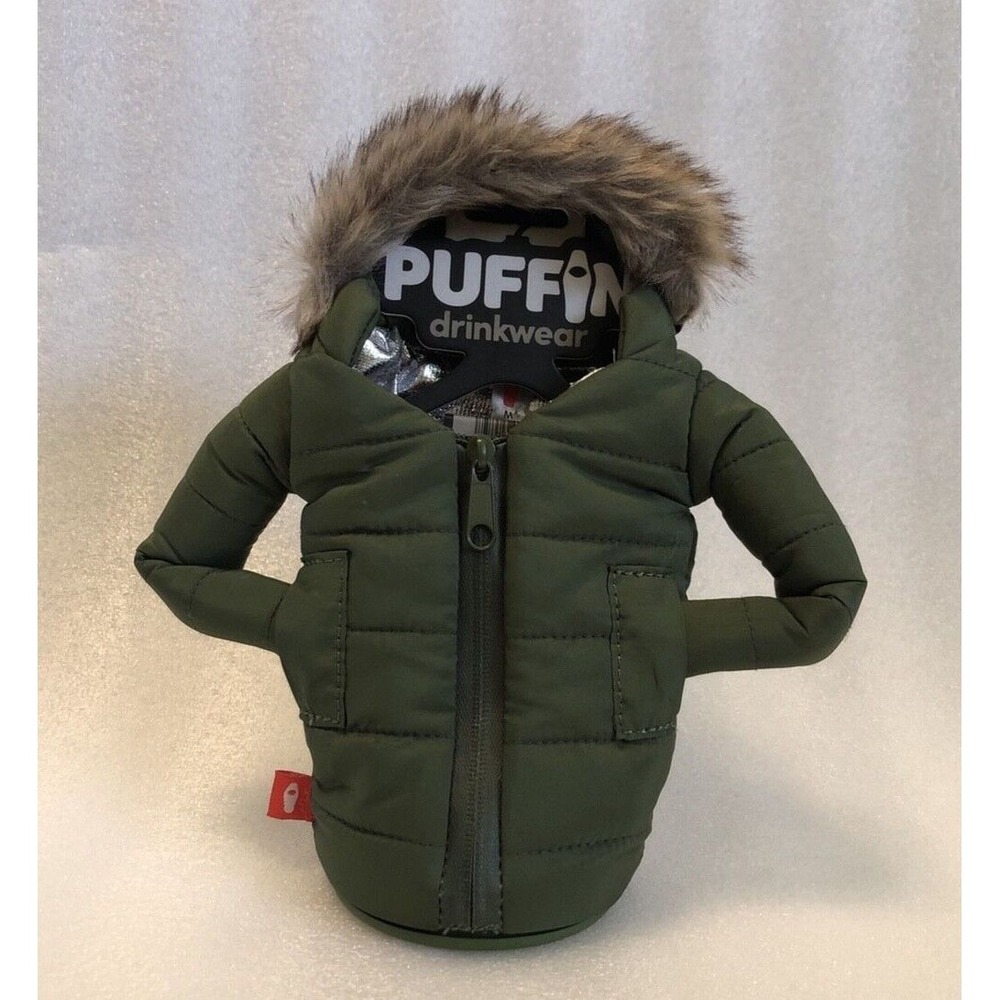 Puffin drinkwear Drink Parka Jacket Koozie The Pahka Olive Green w/ Fur Hood NEW